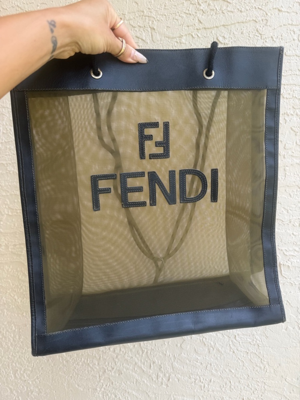 Fendi Black Mesh Nylon Beach Shopping Tote Bag Black Authentic Pre Owned